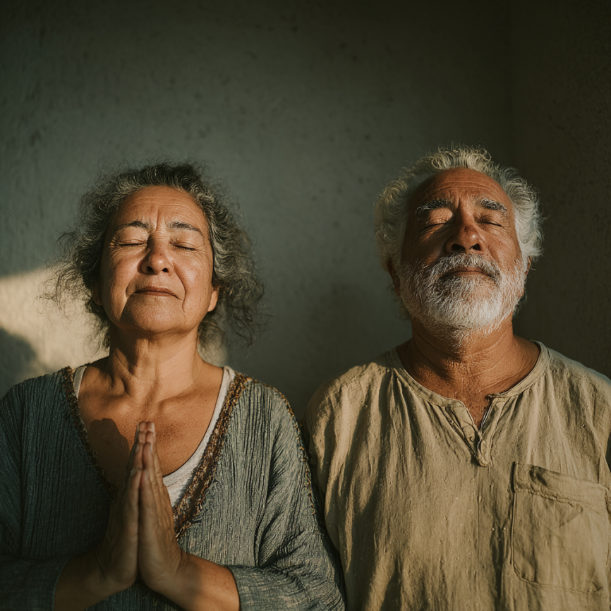 Grupo de adultos mayores en sesión de yoga especializada